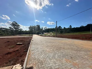 Vista da entrada de uma propriedade com pavimento de tijolos em terra vermelha.