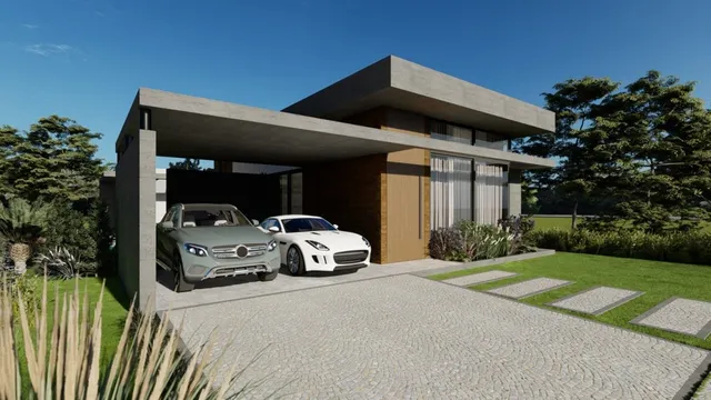 Fachada de uma residência moderna com paisagismo em Lajeado, Brasil.