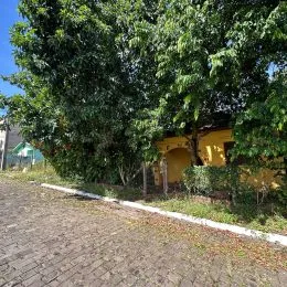 Vista externa de uma propriedade com vegetação densa e fachada amarela.