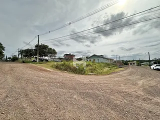 Uma estrada de terra com vegetação alta leva a casas no horizonte.
