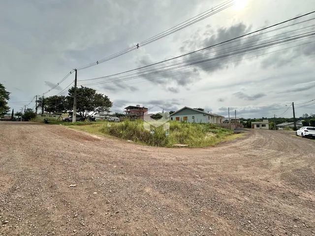 Uma estrada de terra com vegetação alta leva a casas no horizonte.