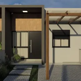 Fachada de uma residência moderna com entrada de porta escura.