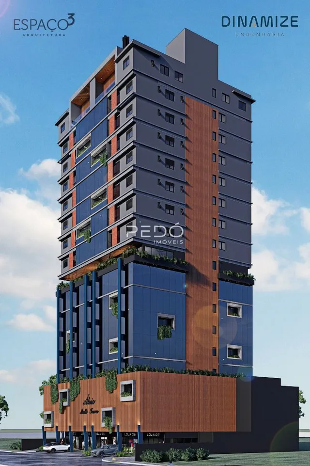 Fachada de um edifício residencial moderno com revestimento azul e marrom.