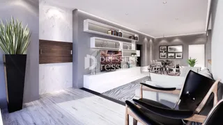 Sala de estar moderna com estantes embutidas e piso de madeira clara.