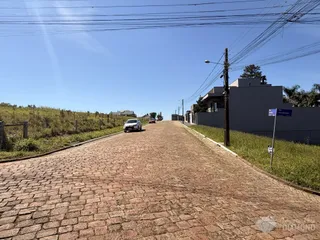 Uma estrada de paralelepípedos se estende ao longo da propriedade com vegetação ao redor.