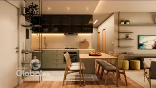 Uma cozinha e sala de jantar moderna com piso de madeira.