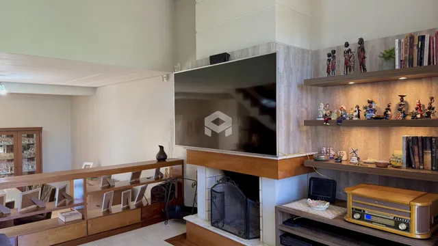 Foto de uma sala de estar com estantes de madeira e lareira.