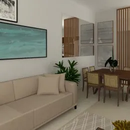 Sala de estar com sofá claro e uma grande janela.