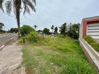 Vista da fachada de uma propriedade com terreno gramado e vegetação alta.