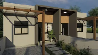 Fachada de uma casa moderna com estrutura de madeira em Lajeado, Brasil.