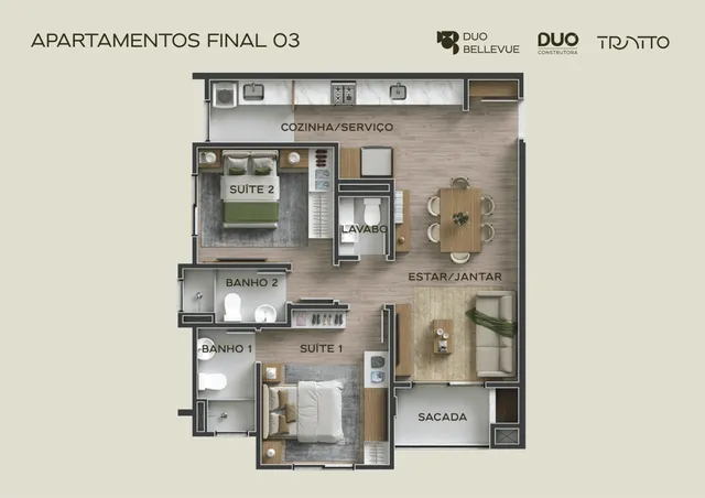 Planta baixa de um apartamento mostrando a disposição das suítes, cozinha e áreas sociais.
