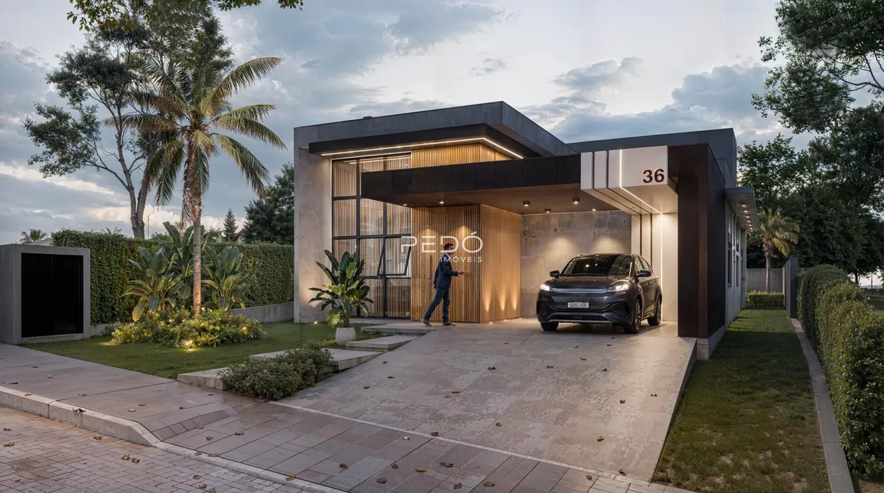 Fachada moderna de uma residência em Lajeado com jardim e entrada.