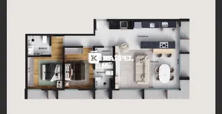 Diagrama de planta baixa mostrando a disposição dos cômodos de uma residência.