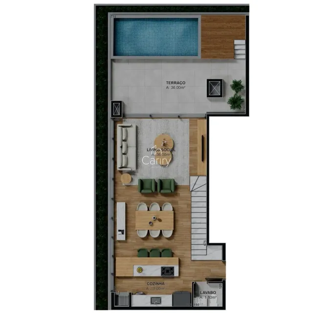 Planta baixa detalhada que mostra a disposição dos cômodos de uma residência.