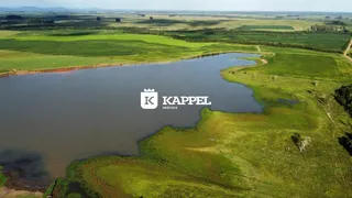 Vista aérea de um corpo d'água cercado por campos verdes e vegetação.