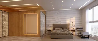 Quarto com cabeceira e painéis de madeira em um imóvel.