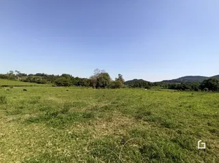 Vista de um campo verde aberto sob um céu azul.
