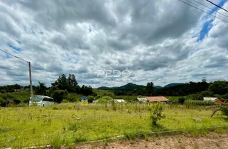 Vista de campo aberto com vegetação e colinas ao fundo.