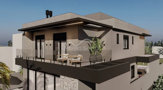 Fachada de uma residência moderna em Lajeado, Brasil, com varanda e área externa.