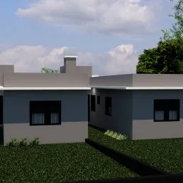 Fachada externa de uma casa simples em Lajeado, Brasil, com gramado em primeiro plano.
