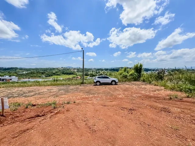 Paisagem de terra vermelha com vegetação ao fundo sob um céu azul.