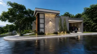 Fachada moderna de uma casa em Lajeado, Brasil, com paisagismo ao lado de um rio.