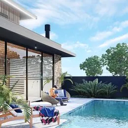 Foto de uma área de piscina externa com vegetação em uma residência em Lajeado.