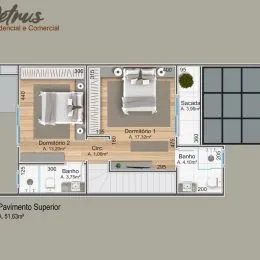 Planta baixa de um apartamento mostrando dois dormitórios, um banheiro e circulação.