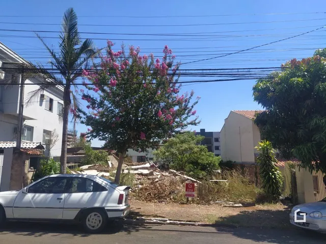 Vista da fachada de uma rua em Lajeado, Brasil, com vegetação e veículos.