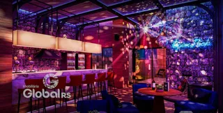 Interior de um espaço com decoração moderna e balcões de bar.