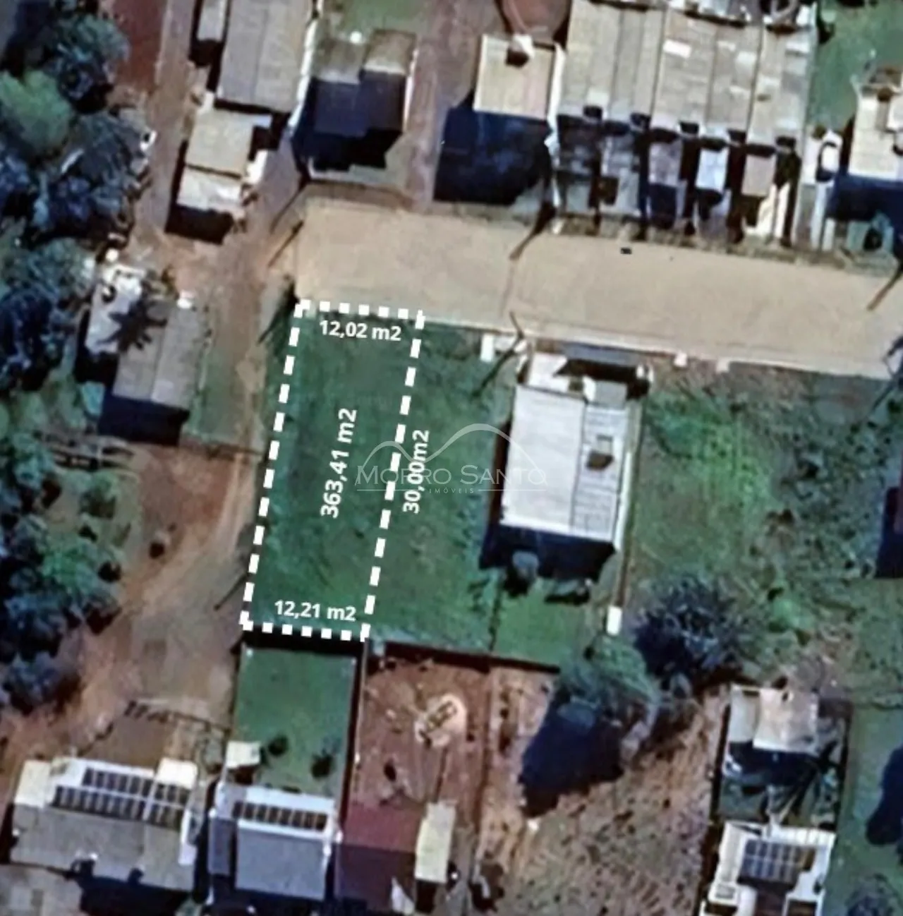 Vista aérea de um lote residencial em Lajeado, Brasil, mostrando os limites da propriedade.