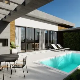 Foto da piscina externa com deck em uma residência moderna.
