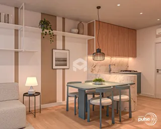 Ambiente interno moderno com cozinha e sala de jantar em Lajeado.