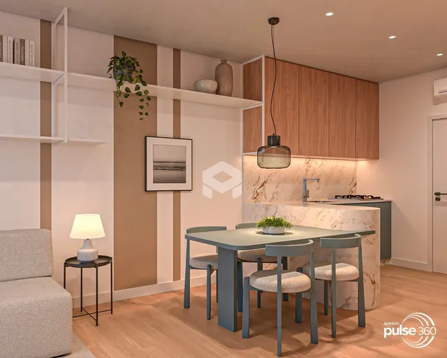 Ambiente interno moderno com cozinha e sala de jantar em Lajeado.