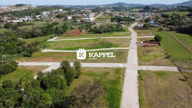 Vista aérea de um terreno com áreas verdes e estradas de terra.