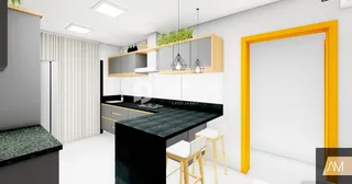 Vista interna de uma cozinha moderna com armários brancos e detalhes em amarelo.