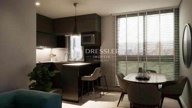 Ambiente interno de uma sala de estar com vista para a janela.
