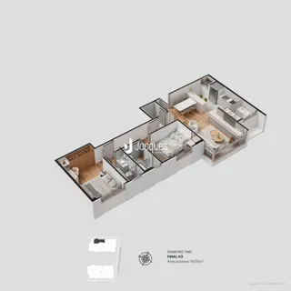 Desenho de planta baixa 3D de um apartamento em Lajeado, Brasil.