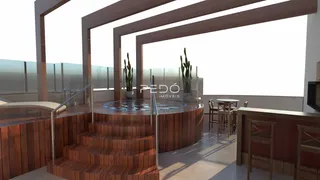 A sala de estar apresenta um design moderno com detalhes em madeira e uma área de banho.