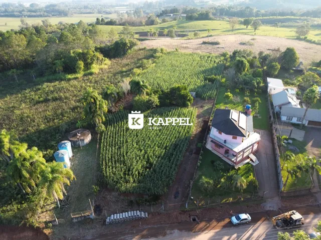 Vista aérea de uma propriedade rural com vinhas e uma residência no lado direito.