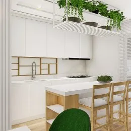 Cozinha moderna com armários brancos e bancada clara.