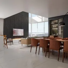 Sala de estar ampla com grandes janelas que oferecem vista.