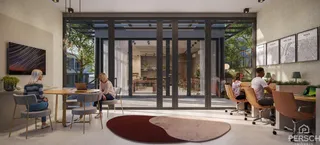 Sala de estar moderna com grandes portas de vidro que dão acesso a uma área externa.