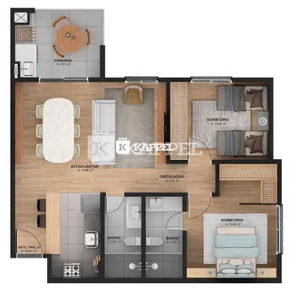 Planta baixa de um apartamento mostrando a disposição dos cômodos.