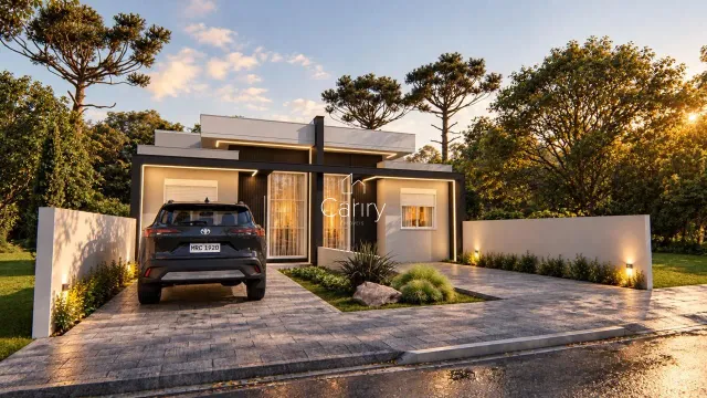 Fachada moderna de uma residência com paisagismo e garagem em Lajeado, Brasil.