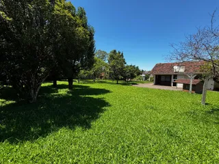 Vista externa de um gramado verde com árvores sob um céu azul.