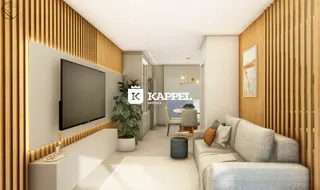 Sala de estar moderna com sofá e televisão em ambiente com painéis de madeira.