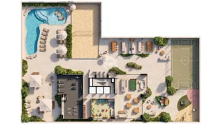 Vista aérea de uma área externa com piscina, deck e quadra esportiva em um imóvel.