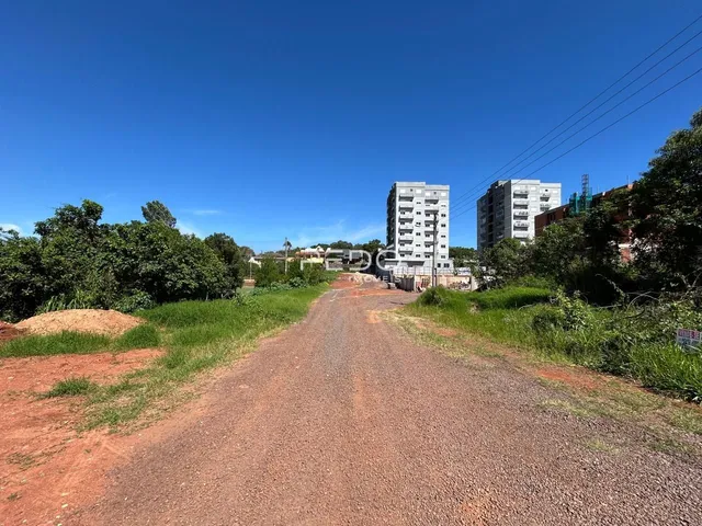 Uma estrada de terra leva a edifícios residenciais cercados por vegetação.