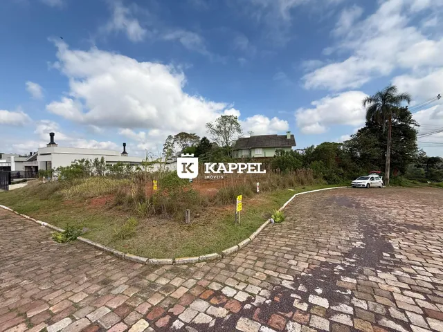 Vista externa de uma propriedade com paisagismo e uma estrada de paralelepípedos.